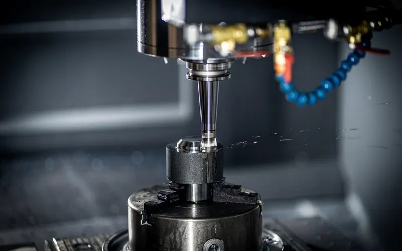A CNC spindle cutting into a metal part