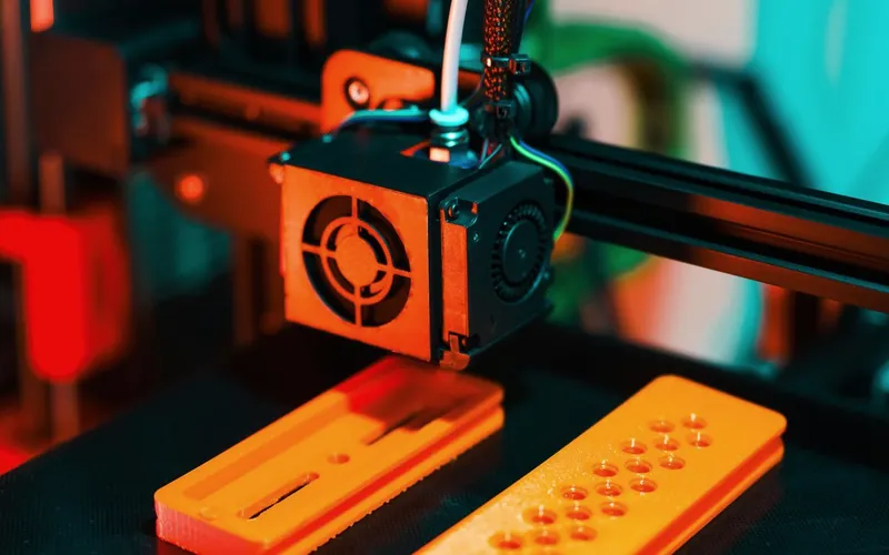 A 3D printer nozzle laying down orange filament